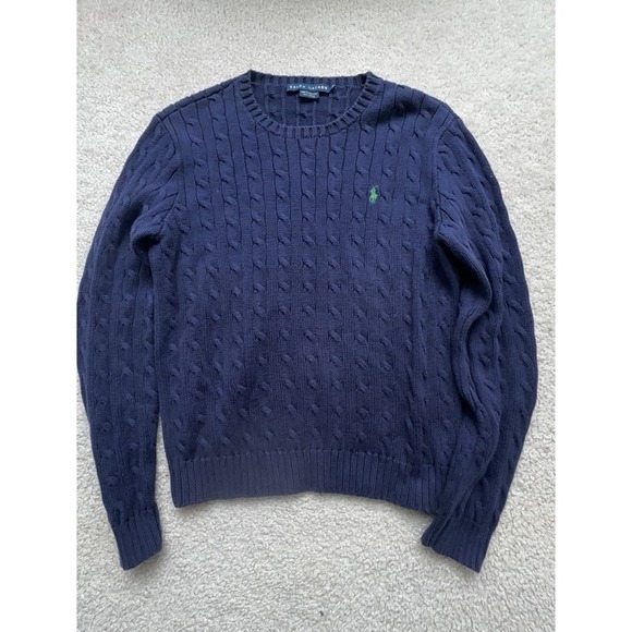 Polo Ralph Lauren Cable Knit Cotton Sweater Navy Blue Pony Logo Chest 38